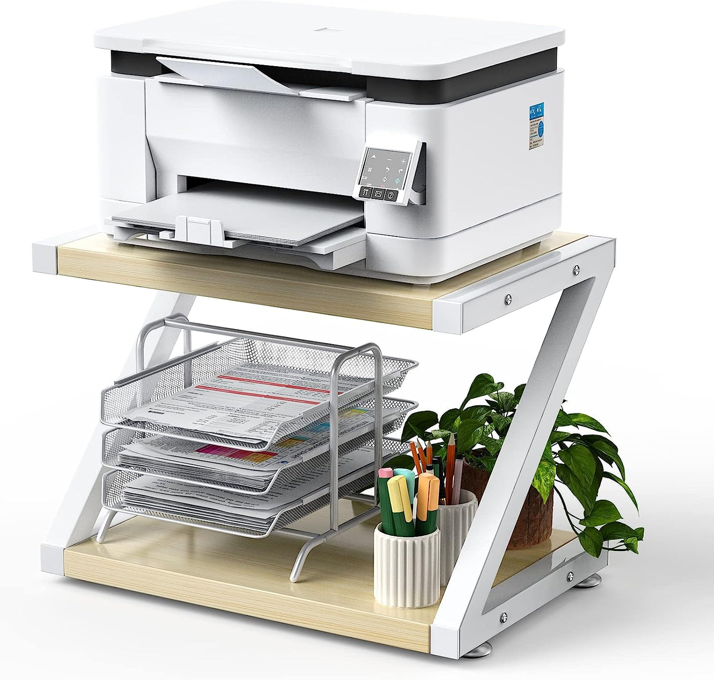 Printer Stand, Desktop Stand for Printer, Printer Stand with Storage, Printer Table Organizer, Printer Shelf W/ 2 Tier Tray & Hardware & Steel