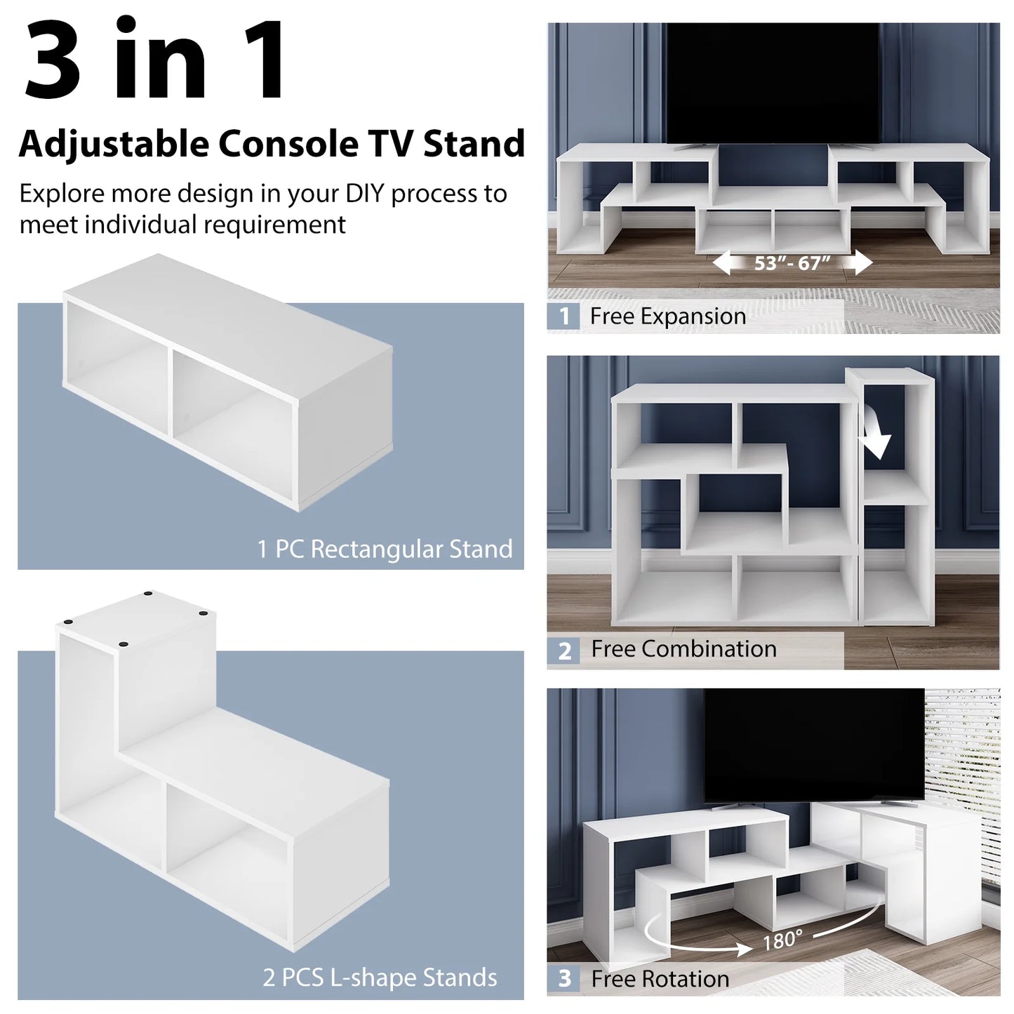 3 Pcs TV Stand for Tv'S up to 65" Console Entertainment Center Bookcase Shelves White