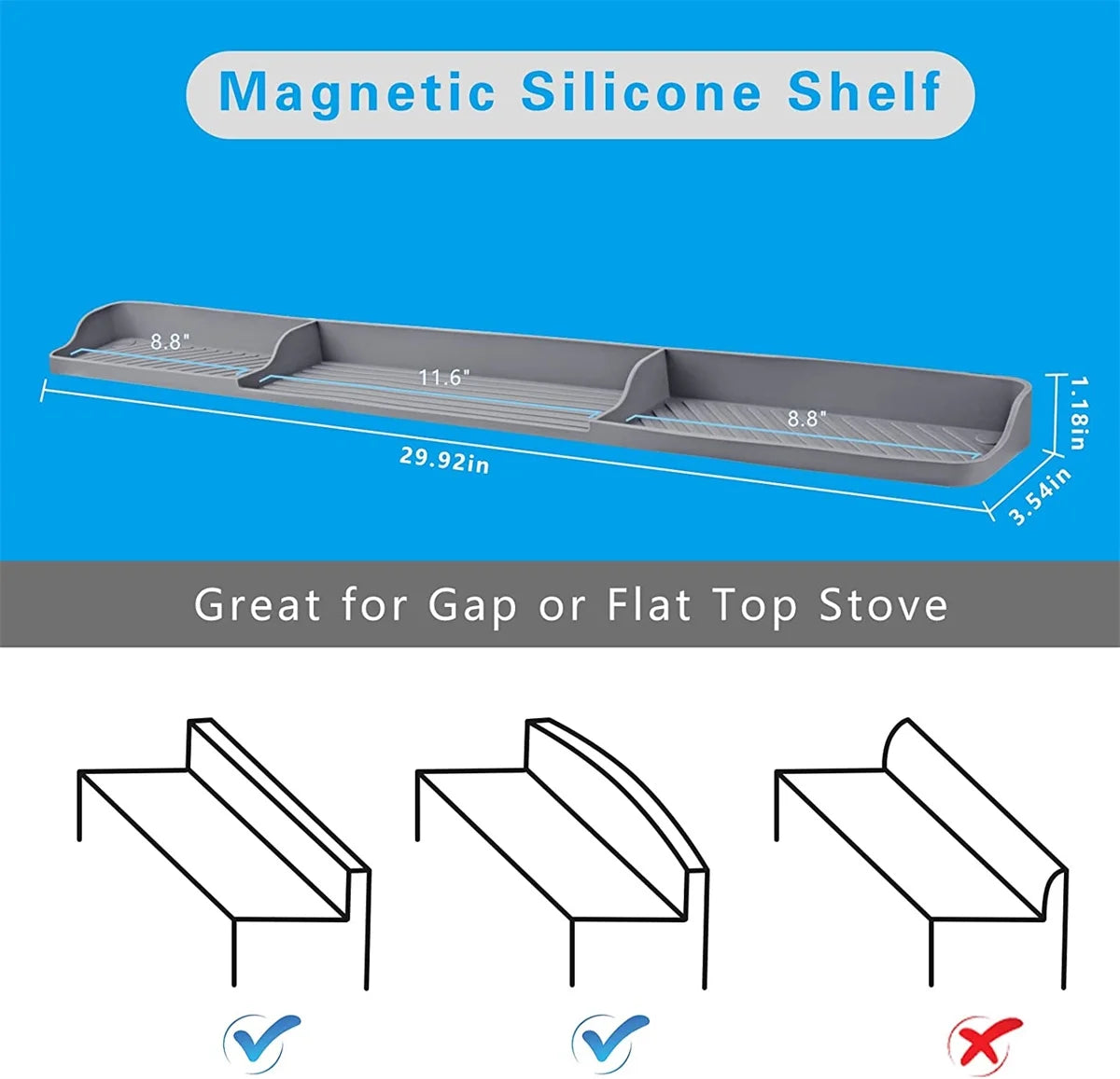 Silicone Magnetic Stove Top Shelf, 30" Length Spice Rack Organizer over the Stove, Heat Insulated Spice Shelf - Zero Installation, Baffles All Around, Non-Slip Kitchen Gadgets (Grey)