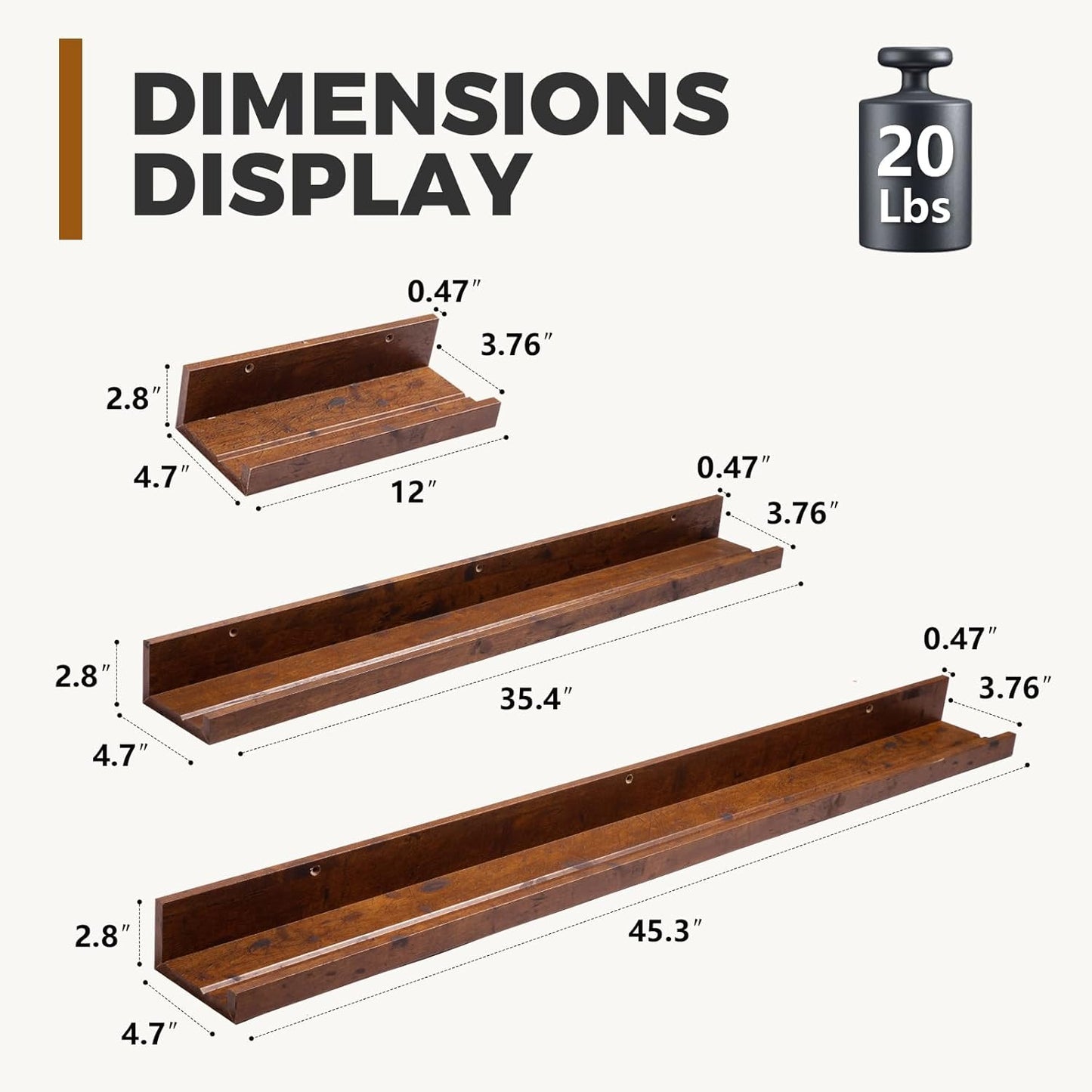 45.3" Large Floating Wall Ledge Shelves with Lip - Set of 2 Rustic Wood Floating Shelves - Honey Brown Wall Mounted Picture Ledge for Office, Bathroom, Bedroom, Living Room, Kitchen