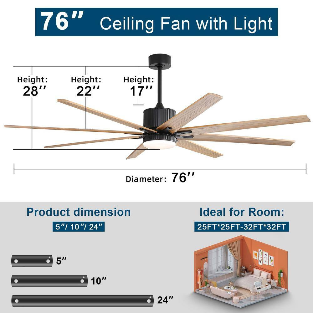 76 In. Indoor/Outdoor Smart Black Ceiling Fan with LED Light Remote 8 Wood Blades Works with Phone