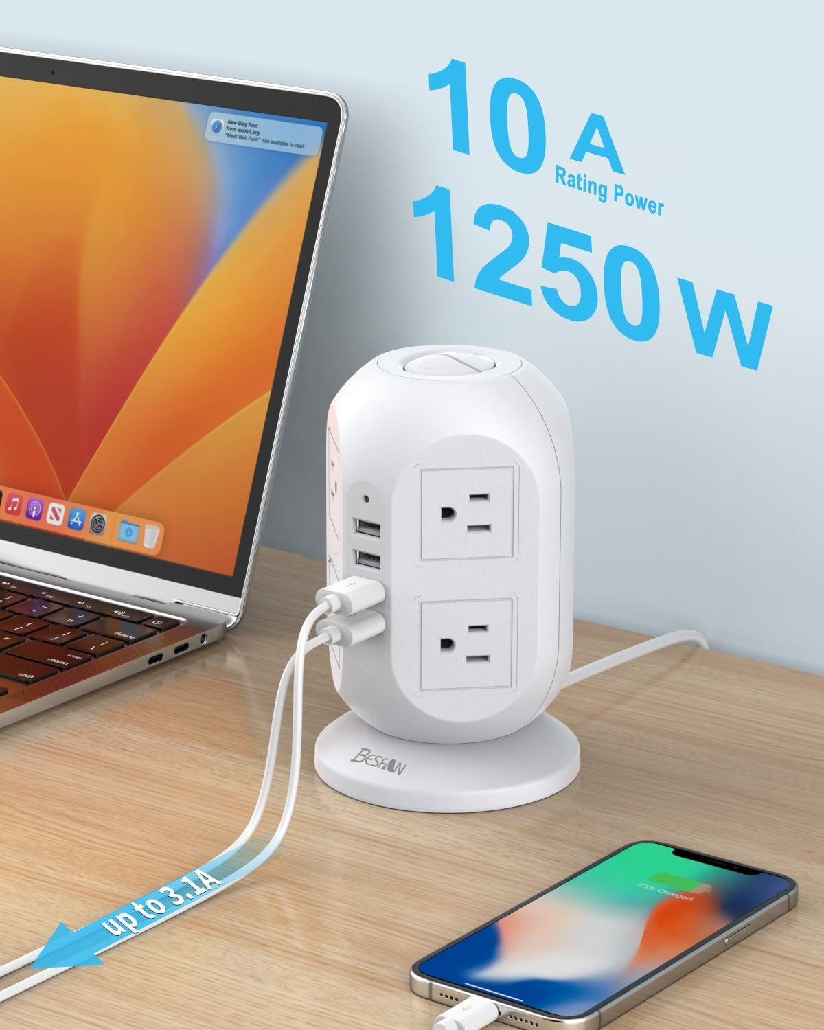 Tower Surge Protector Power Strip, 10 Ft Extension Cord with Multiple Outlets, 1050J Surge Protector, 8 Outlets 4 USB Ports Charging Station for Home Office Supplies Desk Accessories
