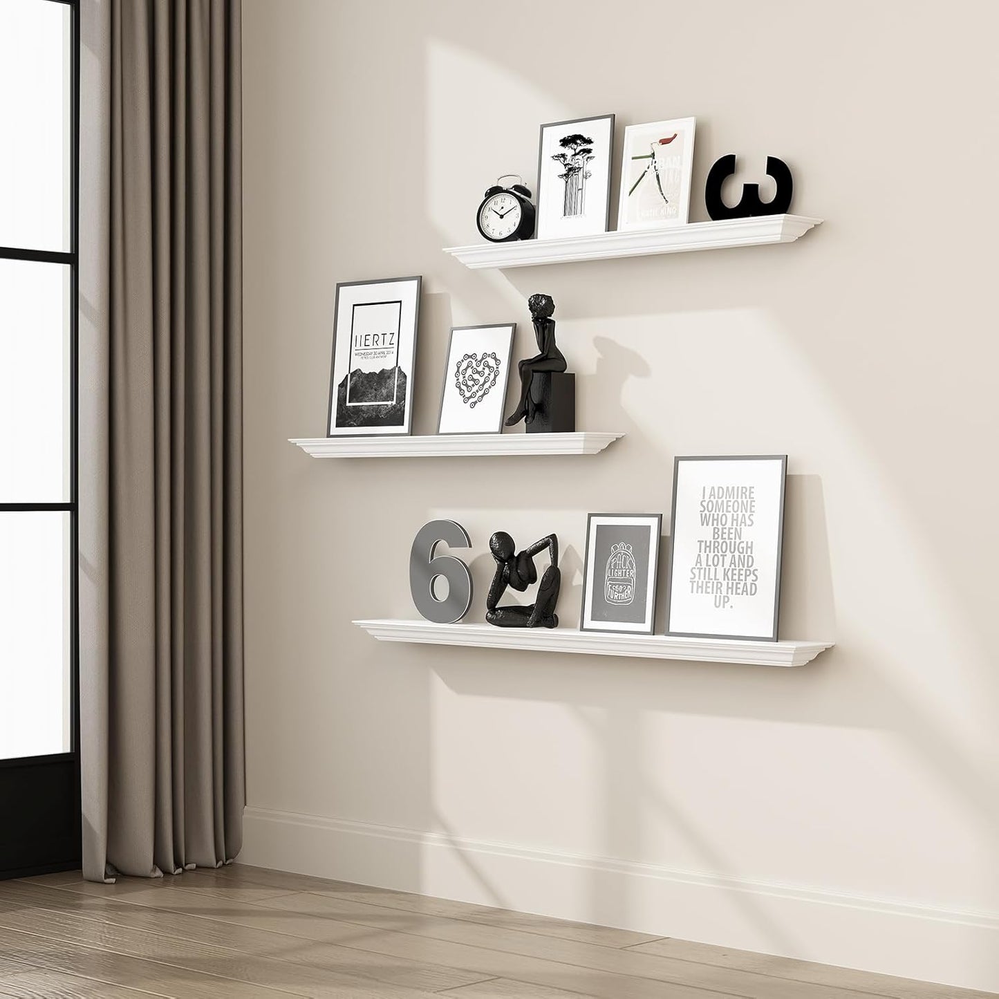 36 Inch Solid Pine Wood Floating Shelves Wall Mounted,Corona Crown Molding Floating Wall Display Shelf,White Finished.
