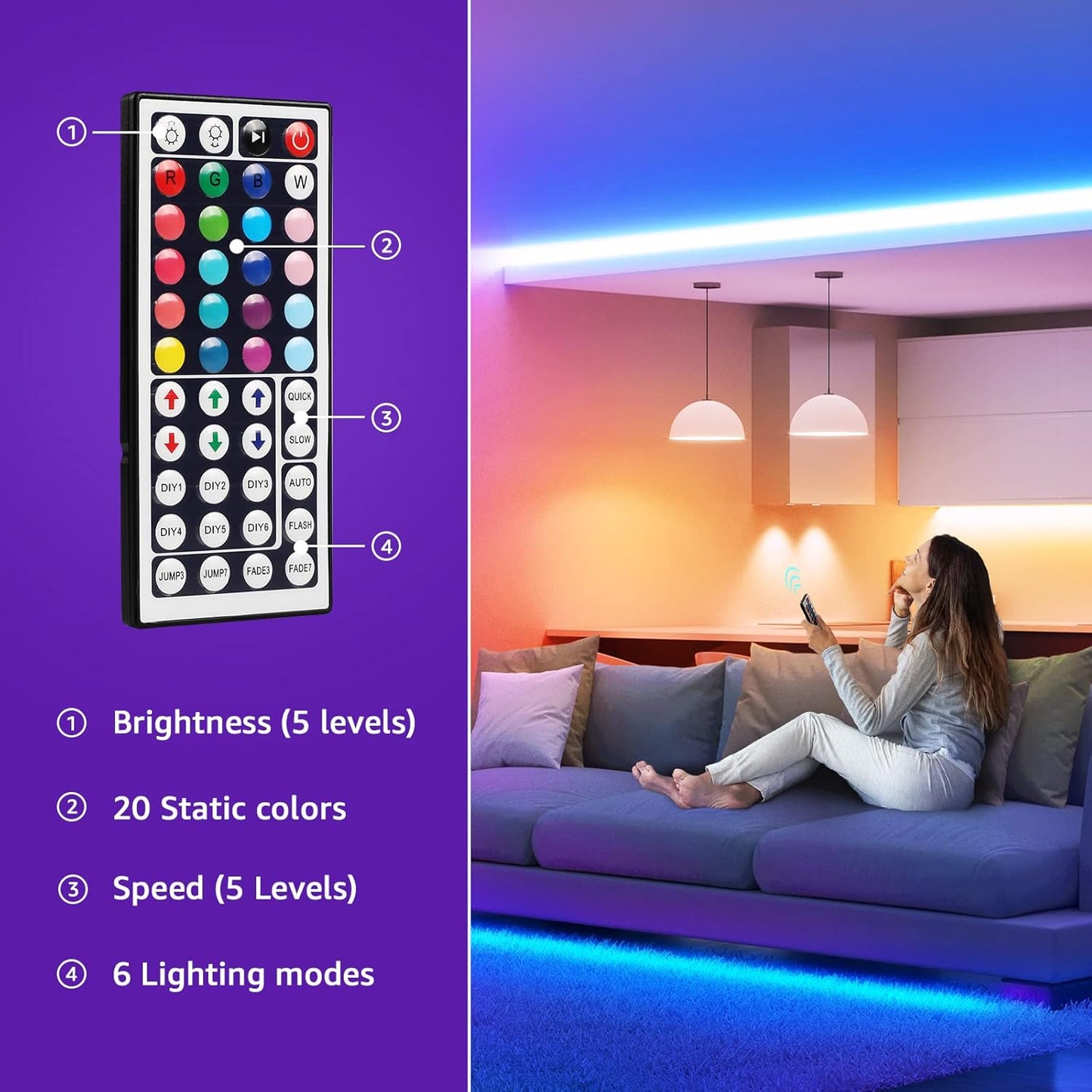D Strip Lights, RGB 5050 D Strips with Remote Controlr, Color Changing Tape Light with 12V Power Supply for Room, Bedroom, TV, Kitchen, Desk