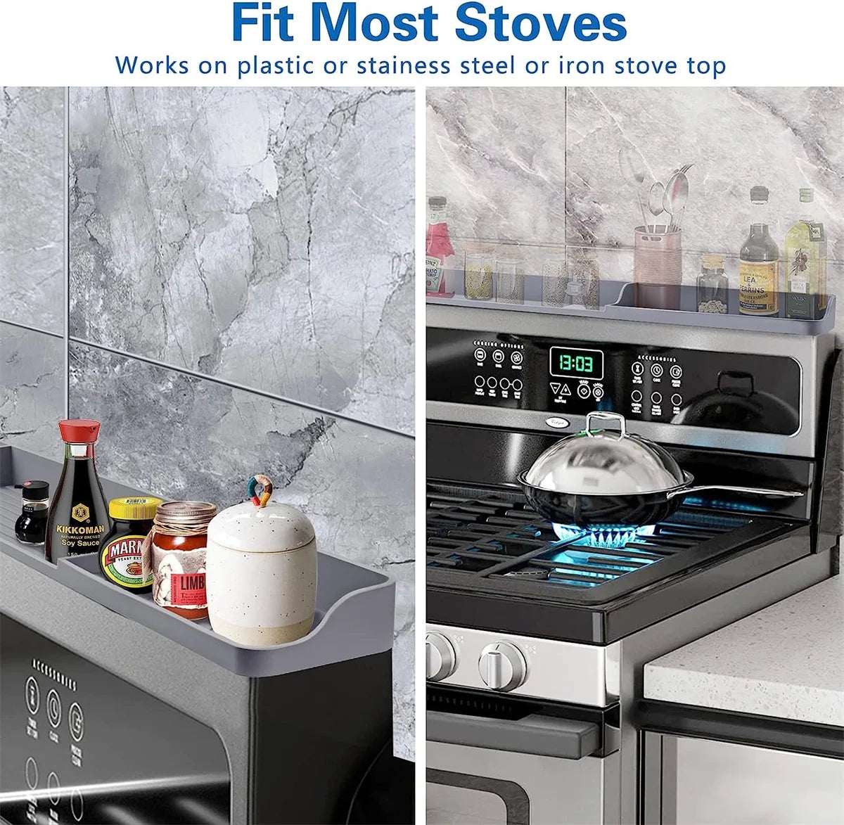 Silicone Magnetic Stove Top Shelf, 30" Length Spice Rack Organizer over the Stove, Heat Insulated Spice Shelf - Zero Installation, Baffles All Around, Non-Slip Kitchen Gadgets (Grey)