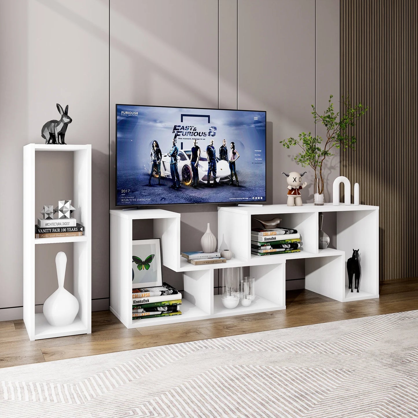 3 Pcs TV Stand for Tv'S up to 65" Console Entertainment Center Bookcase Shelves White