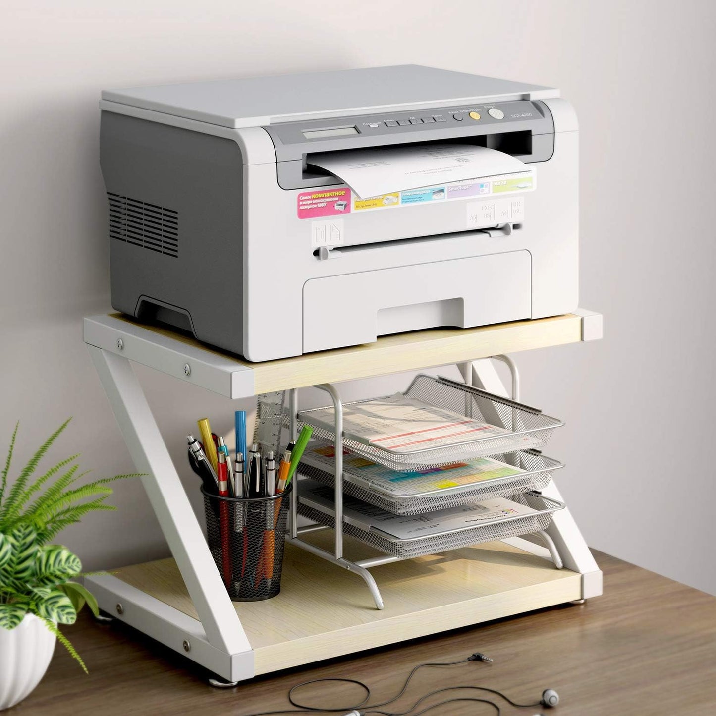 Printer Stand, Desktop Stand for Printer, Printer Stand with Storage, Printer Table Organizer, Printer Shelf W/ 2 Tier Tray & Hardware & Steel
