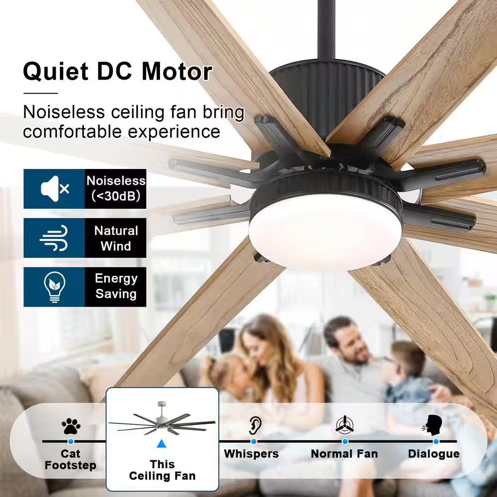 76 In. Indoor/Outdoor Smart Black Ceiling Fan with LED Light Remote 8 Wood Blades Works with Phone