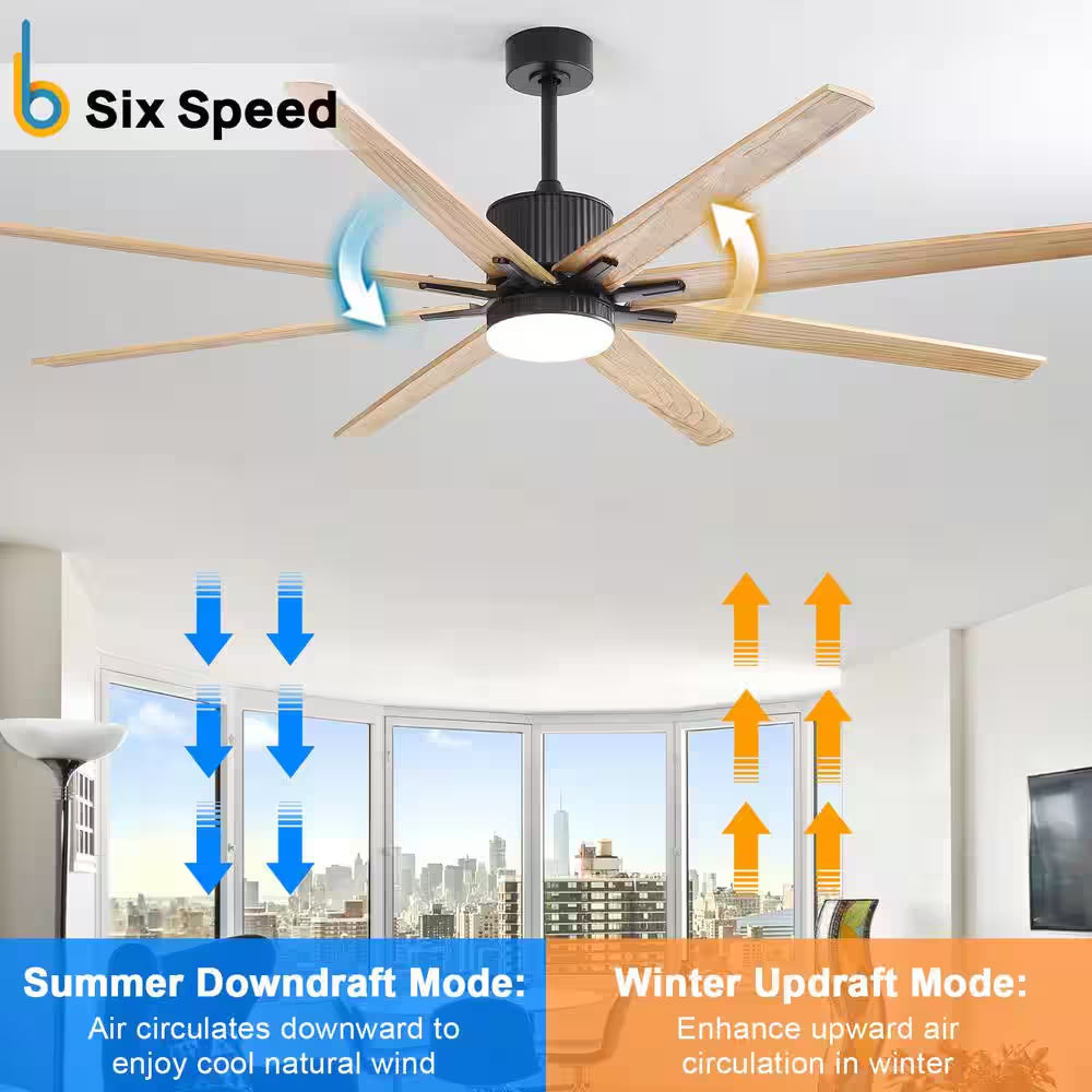 76 In. Indoor/Outdoor Smart Black Ceiling Fan with LED Light Remote 8 Wood Blades Works with Phone