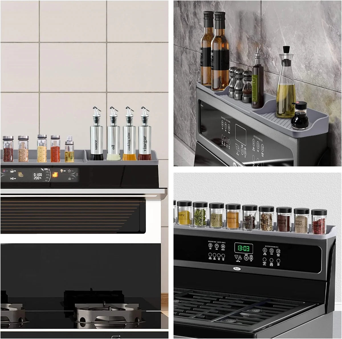 Silicone Magnetic Stove Top Shelf, 30" Length Spice Rack Organizer over the Stove, Heat Insulated Spice Shelf - Zero Installation, Baffles All Around, Non-Slip Kitchen Gadgets (Grey)