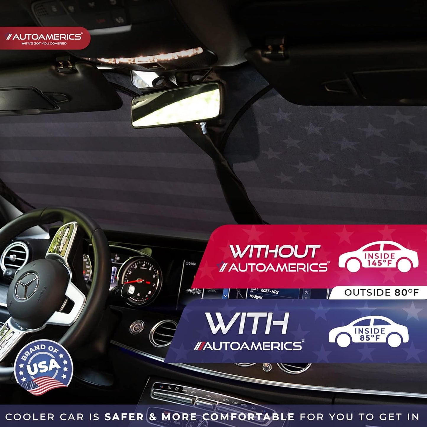 1-Piece Windshield Sun Shade B&W American Flag USA Patriotic Design - Foldable Car Fits Easily to SUV & Truck Vehicles UV Ray Blocker Keeps Your Vehicle Cool Large