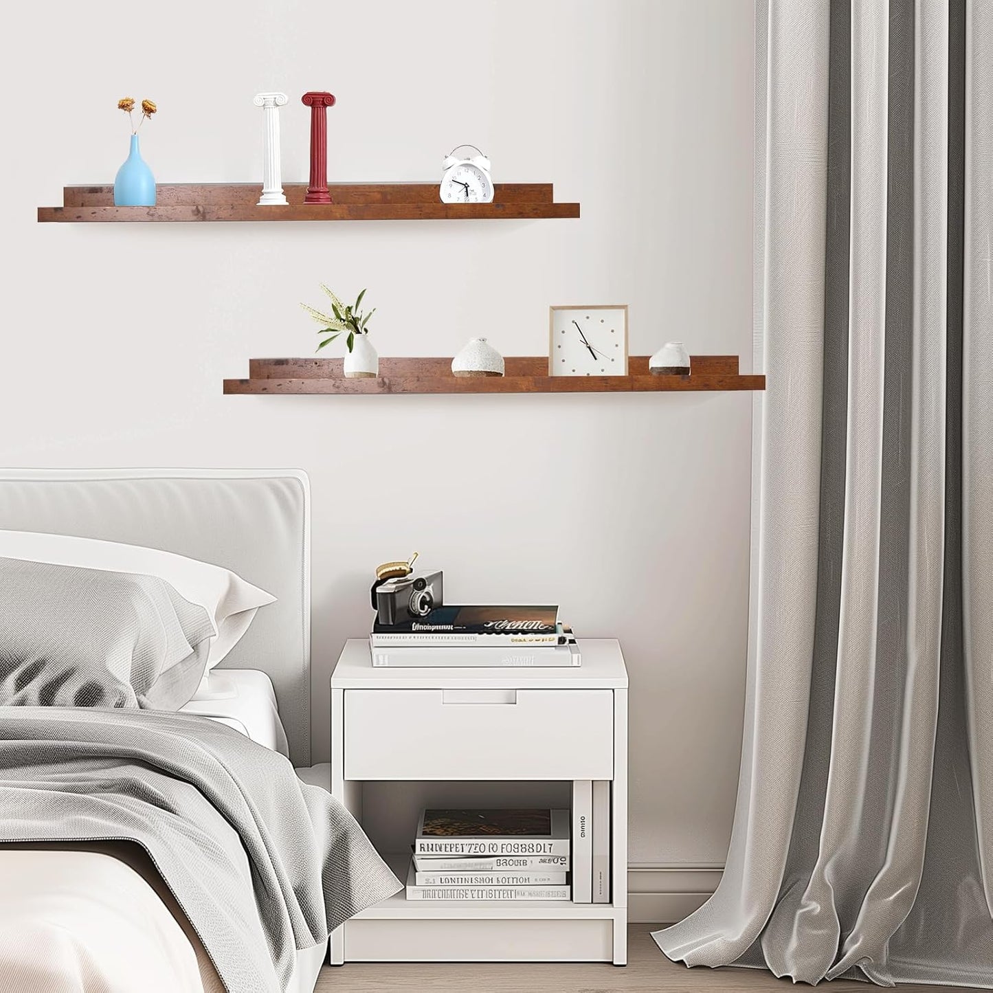 35.4" Large Floating Wall Ledge Shelves with Lip - Set of 2 Rustic Wood Floating Shelves - Honey Brown Wall Mounted Picture Ledge for Office, Bathroom, Bedroom, Living Room, Kitchen