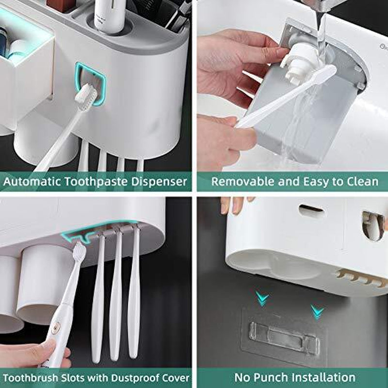 Toothbrush Holder Wall Mounted, Automatic Toothpaste Dispenser 2 Cups Grey