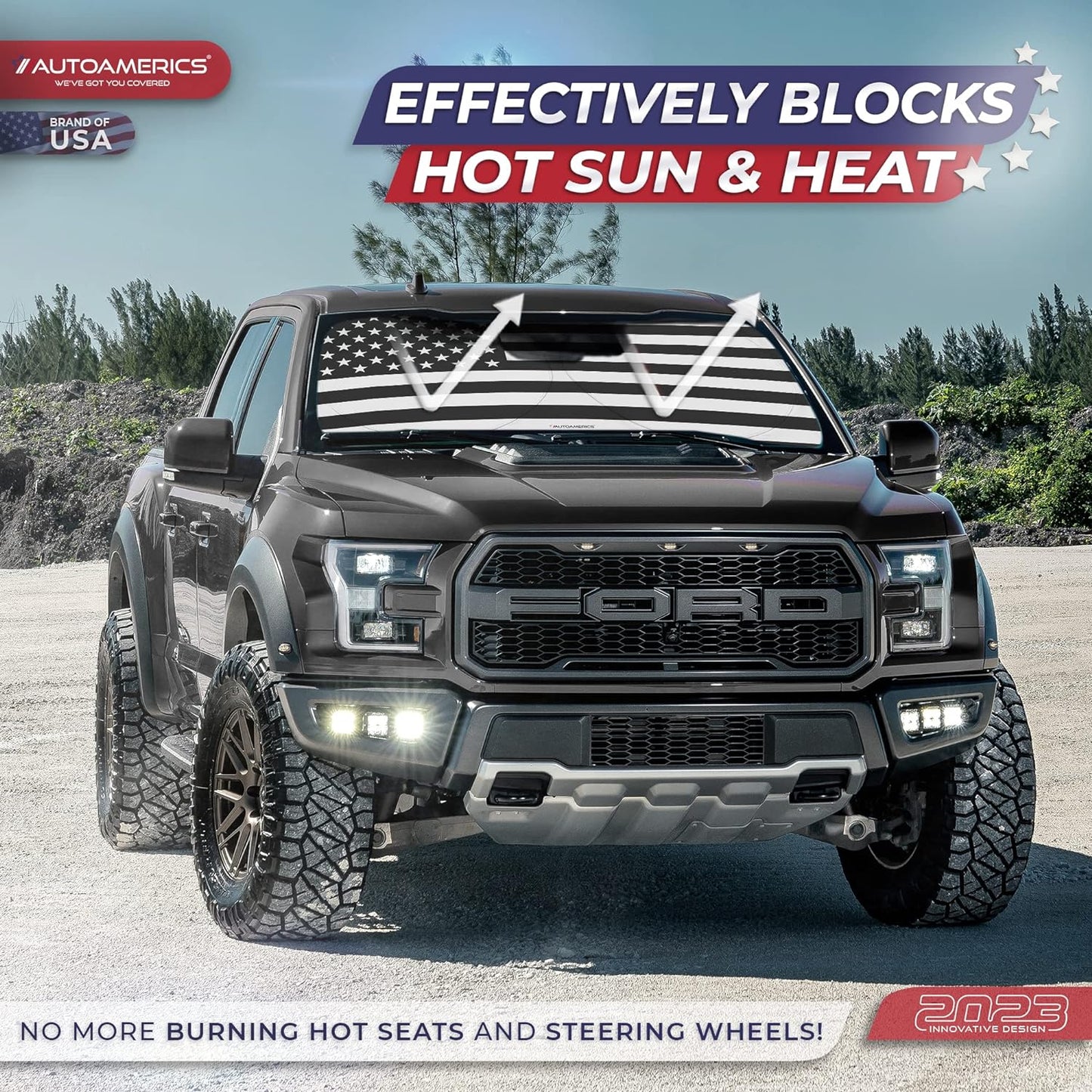 1-Piece Windshield Sun Shade B&W American Flag USA Patriotic Design - Foldable Car Fits Easily to SUV & Truck Vehicles UV Ray Blocker Keeps Your Vehicle Cool Large