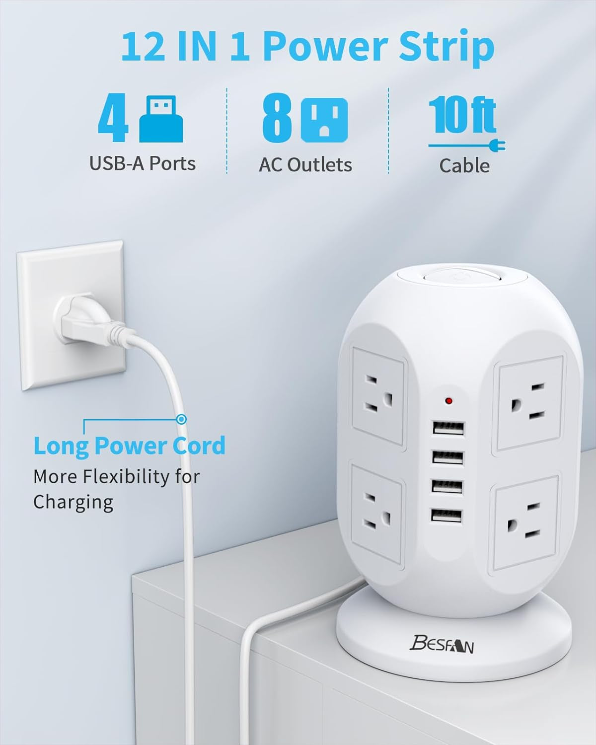 Tower Surge Protector Power Strip, 10 Ft Extension Cord with Multiple Outlets, 1050J Surge Protector, 8 Outlets 4 USB Ports Charging Station for Home Office Supplies Desk Accessories