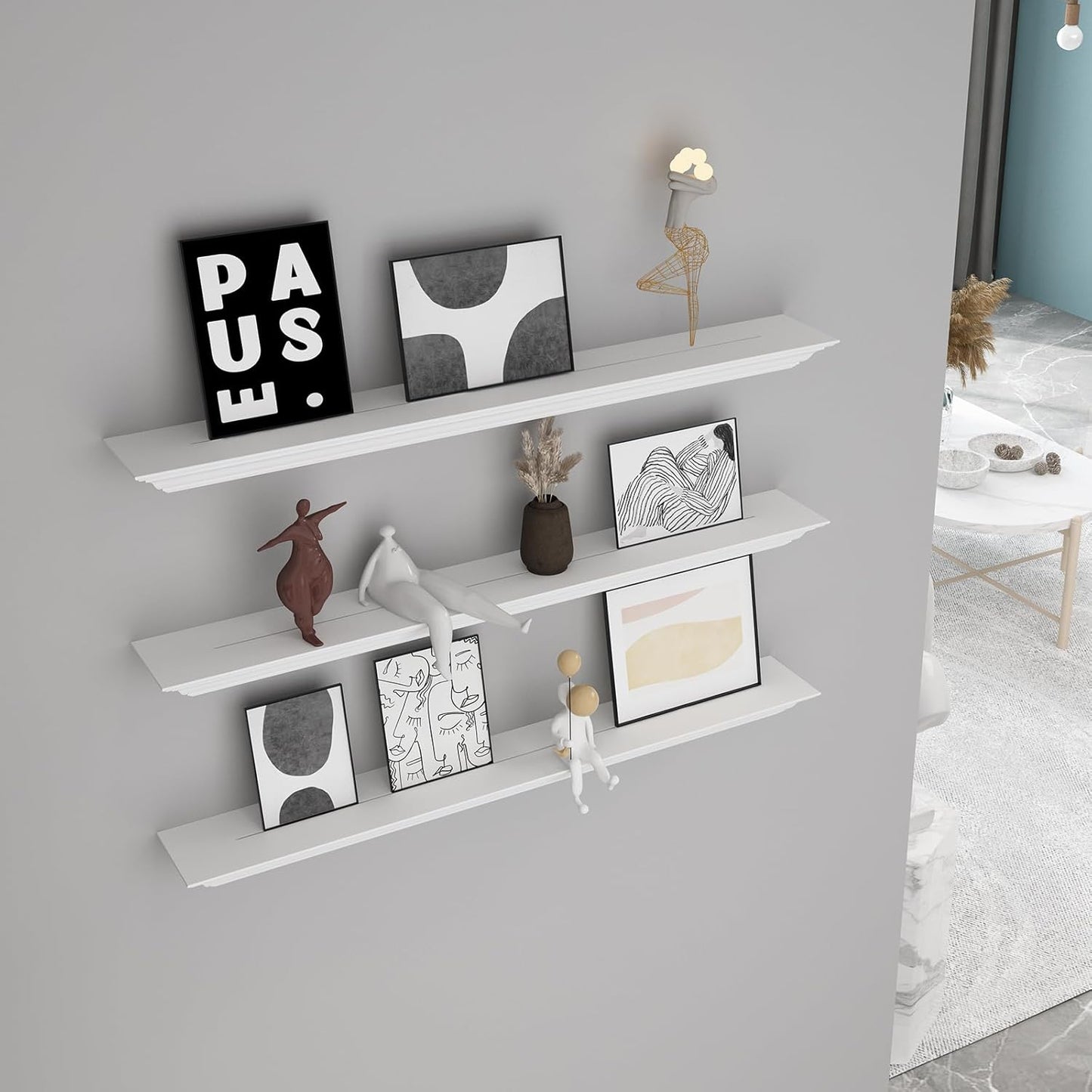 36 Inch Solid Pine Wood Floating Shelves Wall Mounted,Corona Crown Molding Floating Wall Display Shelf,White Finished.