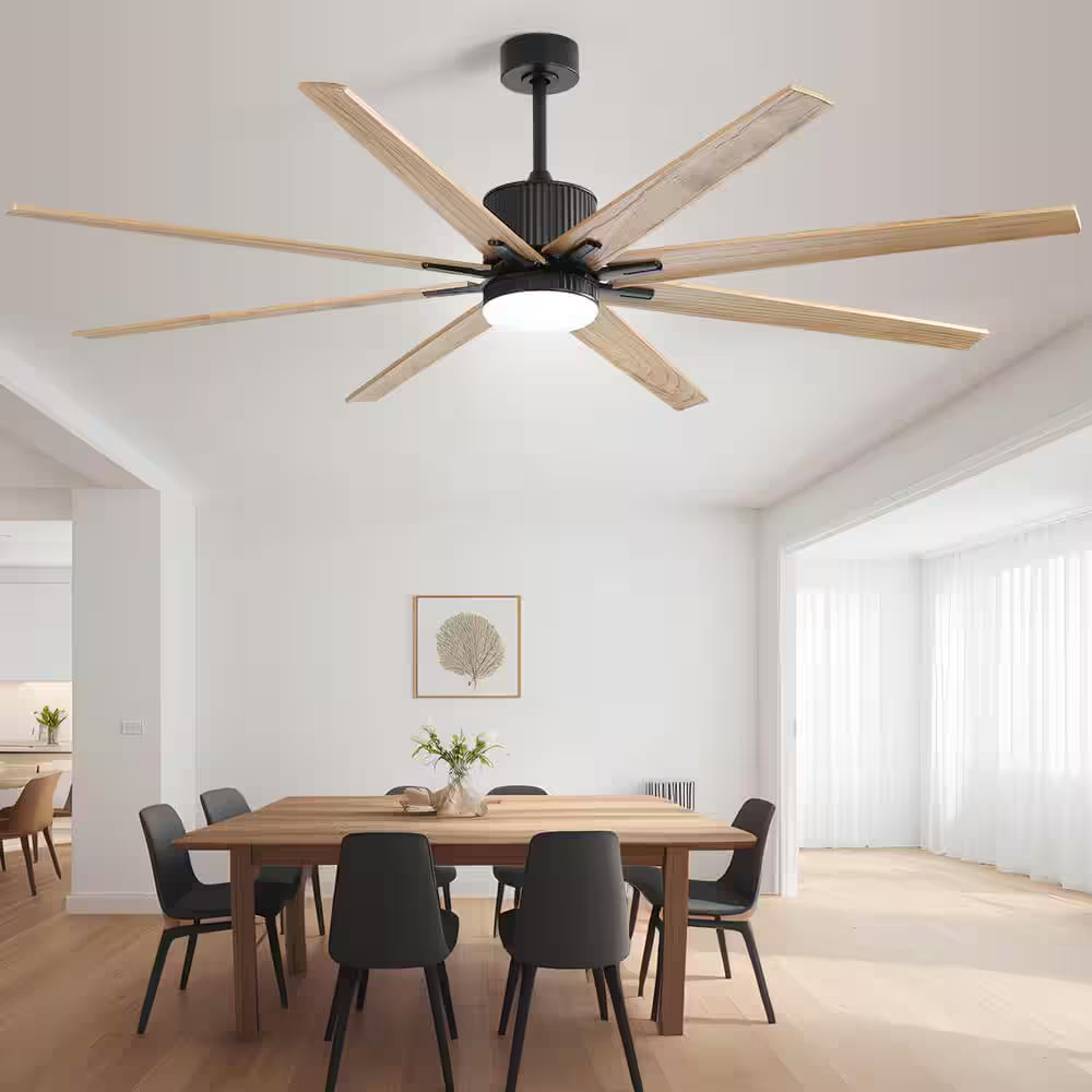 76 In. Indoor/Outdoor Smart Black Ceiling Fan with LED Light Remote 8 Wood Blades Works with Phone