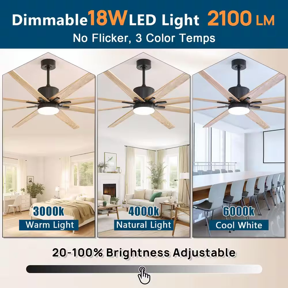 76 In. Indoor/Outdoor Smart Black Ceiling Fan with LED Light Remote 8 Wood Blades Works with Phone