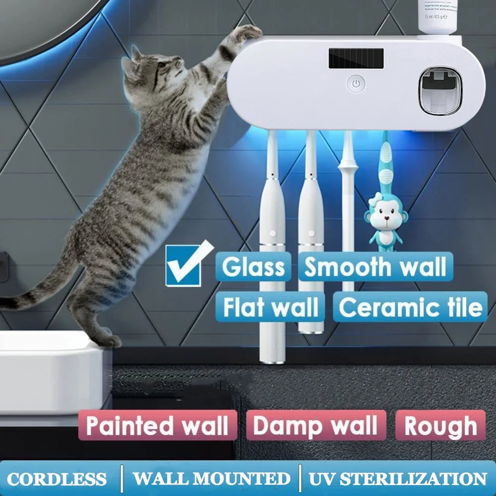 Wall Mounted Toothbrush Holder with Toothpaste Dispenser, Electric Toothbrush Holder for Bathroom, Smart Clean Toothbrush Organizer with 5 Brush Slots, Toothbrush Organizer for Ladies Baby Family