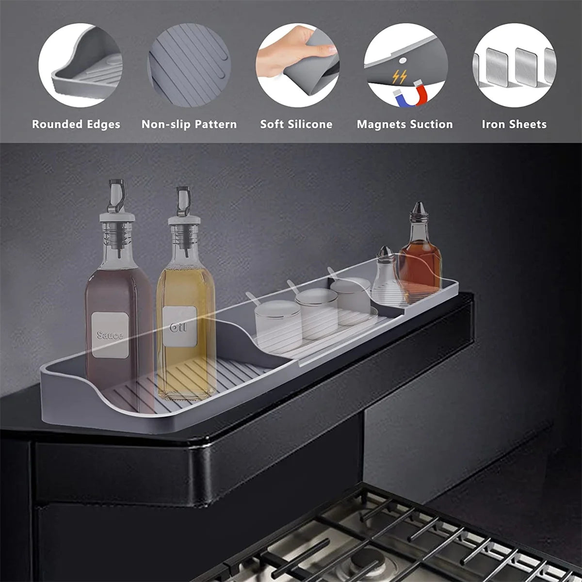 Silicone Magnetic Stove Top Shelf, 30" Length Spice Rack Organizer over the Stove, Heat Insulated Spice Shelf - Zero Installation, Baffles All Around, Non-Slip Kitchen Gadgets (Grey)