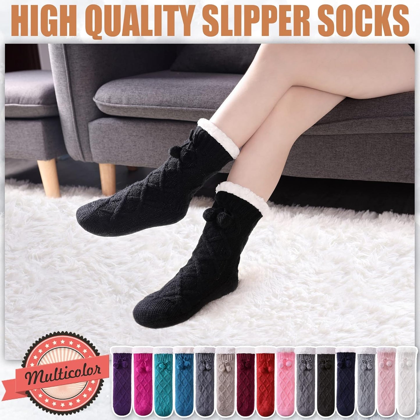 Womens Non Slip Slipper Socks Winter Warm Soft Cozy Fuzzy Fleece-Lined Grippers Home Socks