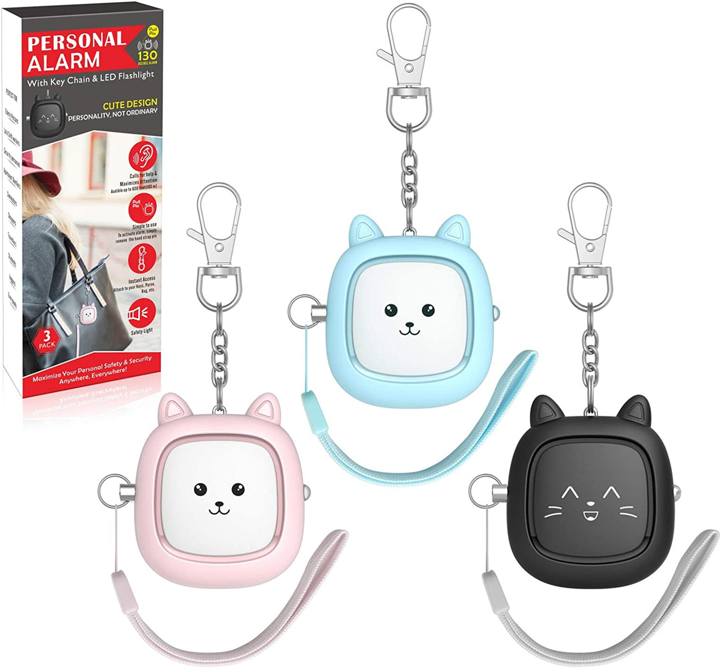 Safe Sound Personal Alarm, 3 Pack 130 Db Loud Siren Song Emergency Self-Defense Security Alarm Keychain with LED Light, Personal Sound Safety Siren for Women, Men, Children, Elderly