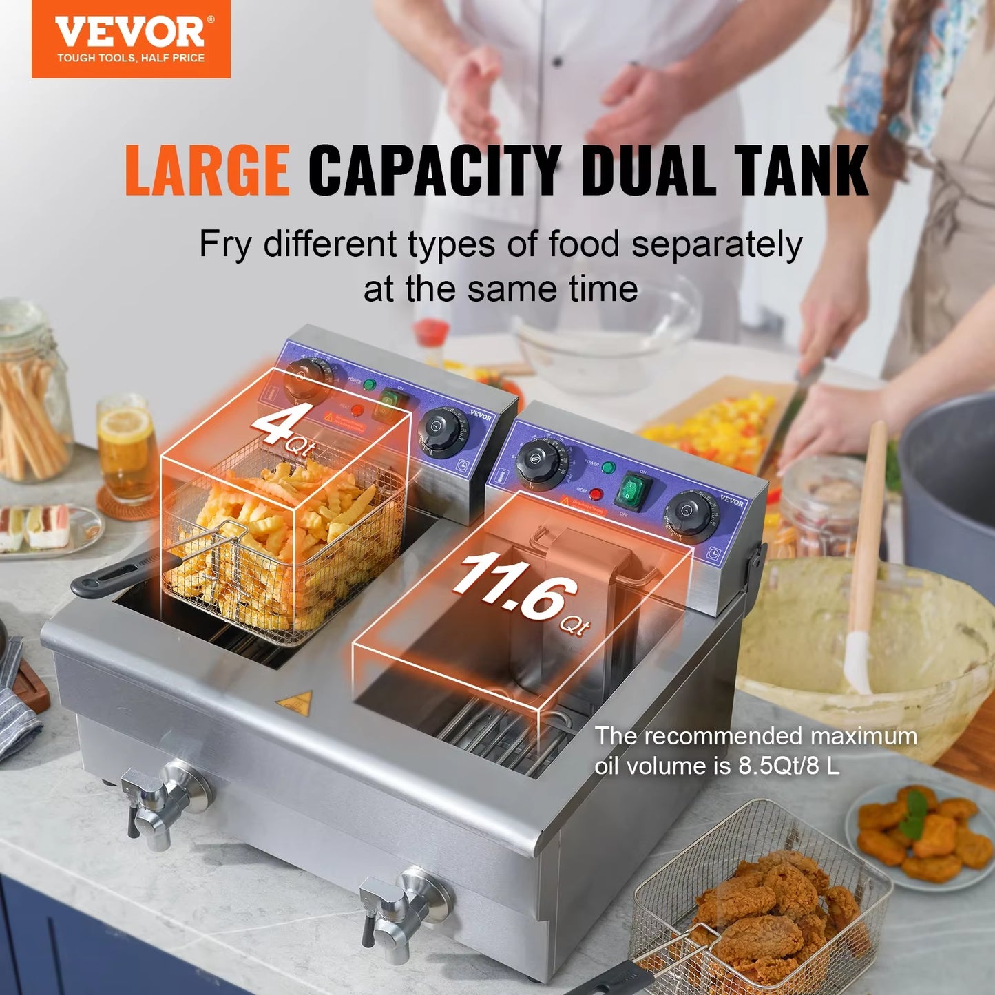 Commercial Electric Deep Fryer W/Dual Tanks 12L Countertop Fryer W/Oil Filter and Timed for Fried Chicken French Frie