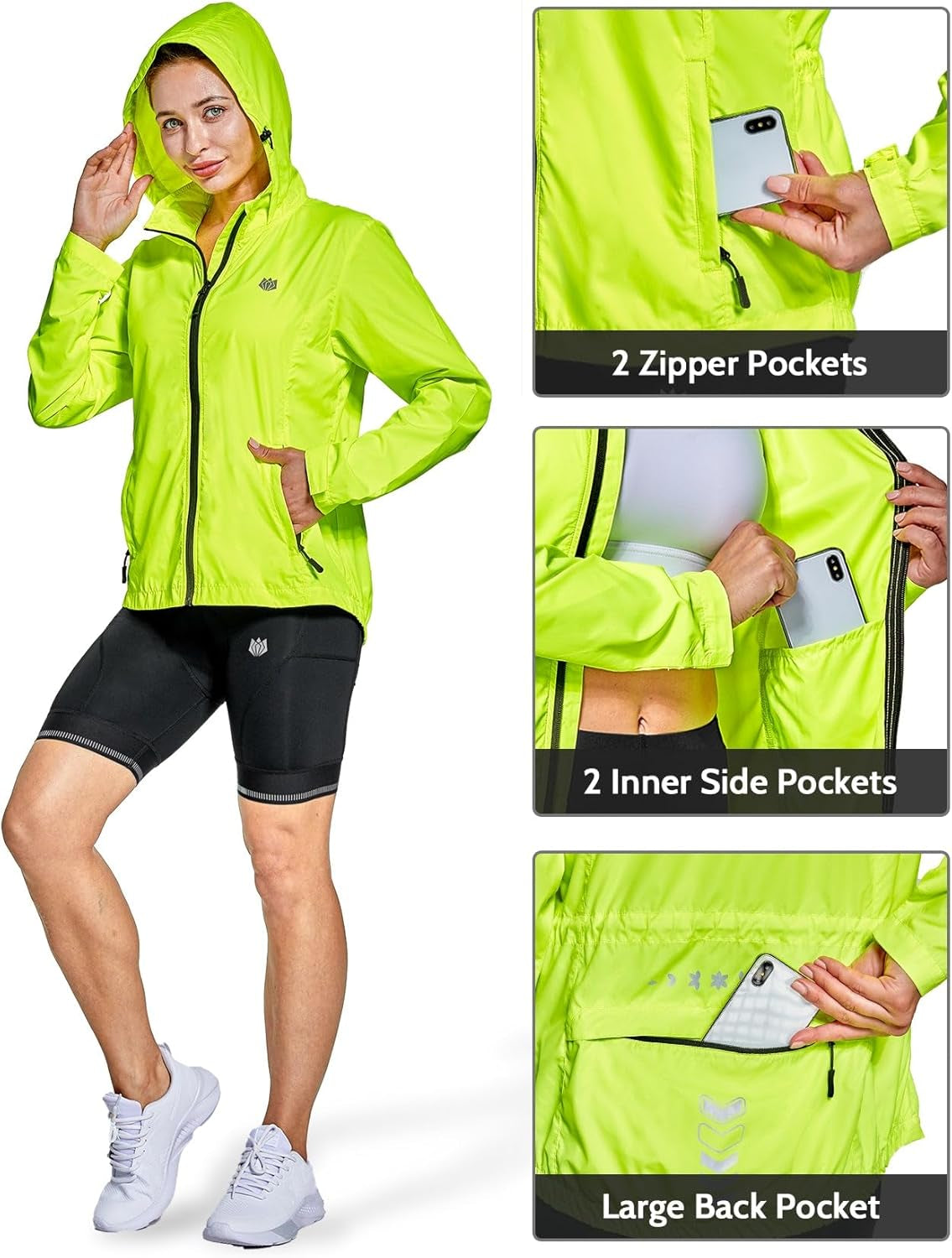 Women'S Cycling Running Jackets Lightweight Windproof Bike Windbreaker Reflective with Hooded