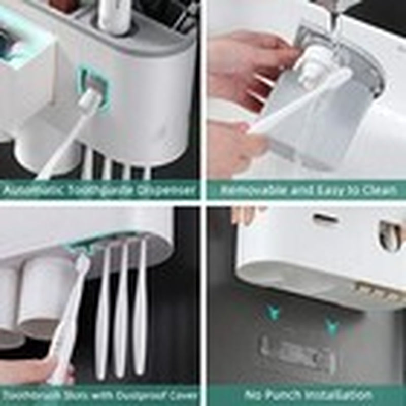 Toothbrush Holder Wall Mounted, Automatic Toothpaste Dispenser 2 Cups Grey