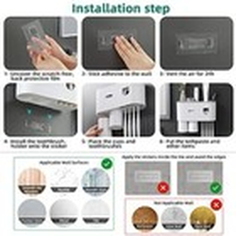 Toothbrush Holder Wall Mounted, Automatic Toothpaste Dispenser 2 Cups Grey