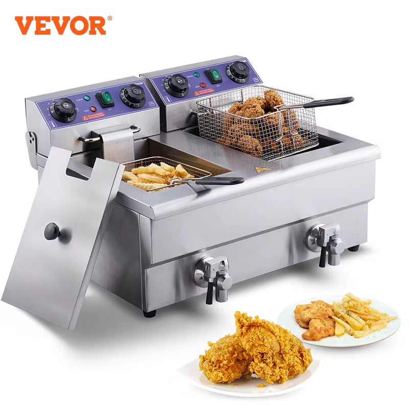 Commercial Electric Deep Fryer W/Dual Tanks 12L Countertop Fryer W/Oil Filter and Timed for Fried Chicken French Frie