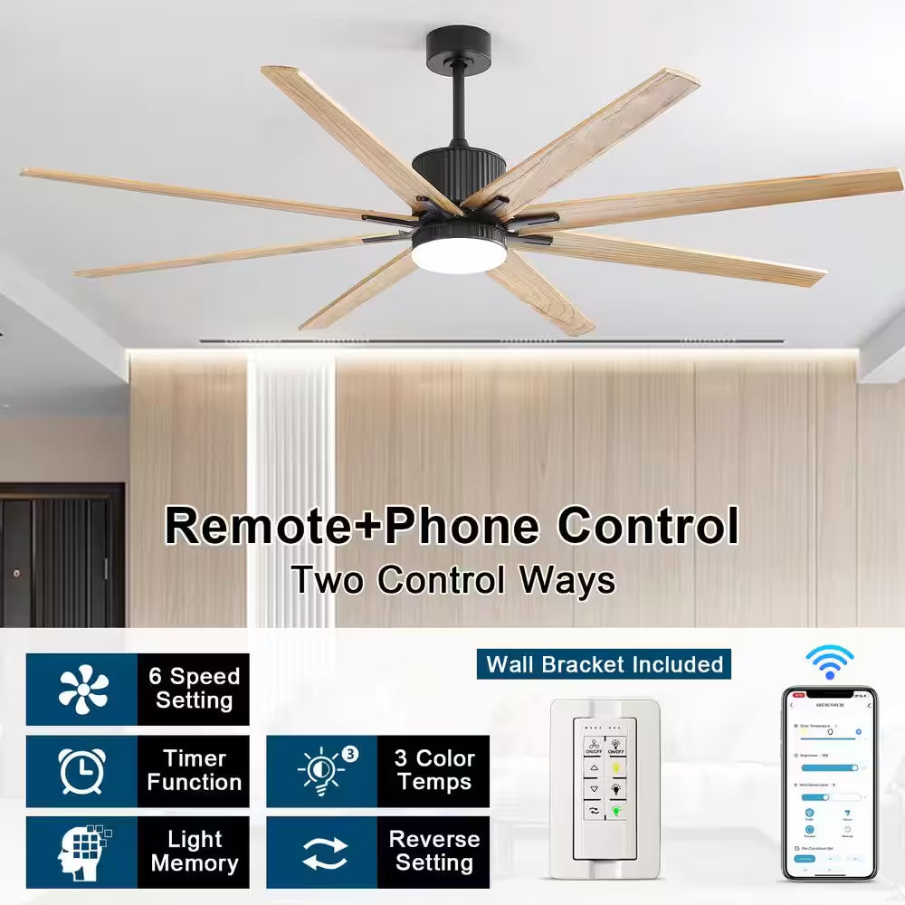 76 In. Indoor/Outdoor Smart Black Ceiling Fan with LED Light Remote 8 Wood Blades Works with Phone