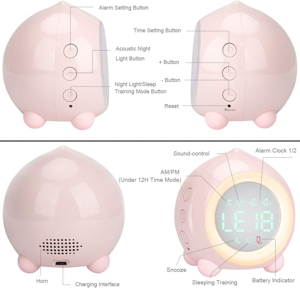 Digital Alarm Clock, LED Bedside Clock Dual Alarm Clock with Night Light, Alarm Clock for Kids, Small Alarm Clock for Home Bedroom Travel, USB Powered, Cute Peach Deisgn (Pink)