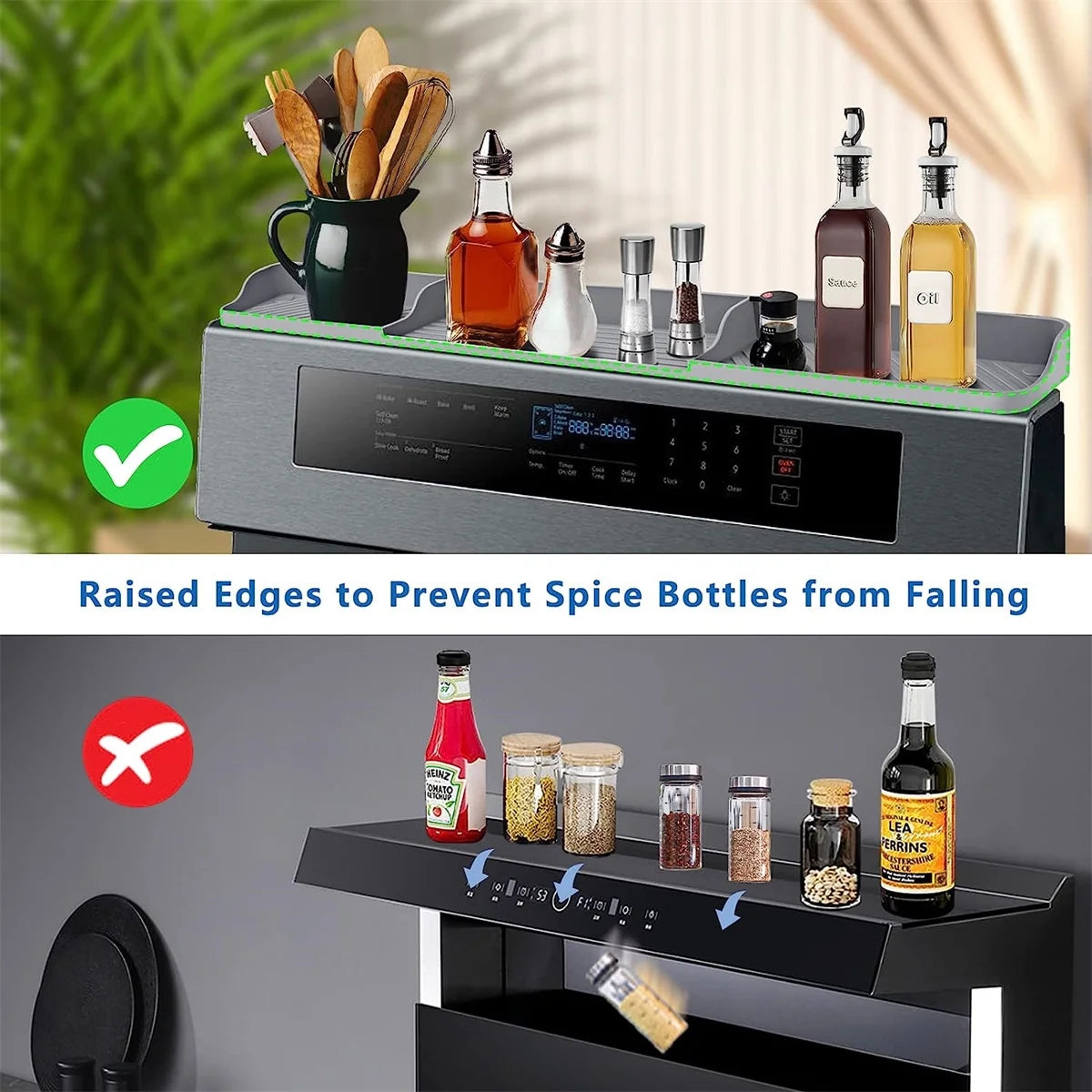 Silicone Magnetic Stove Top Shelf, 30" Length Spice Rack Organizer over the Stove, Heat Insulated Spice Shelf - Zero Installation, Baffles All Around, Non-Slip Kitchen Gadgets (Grey)