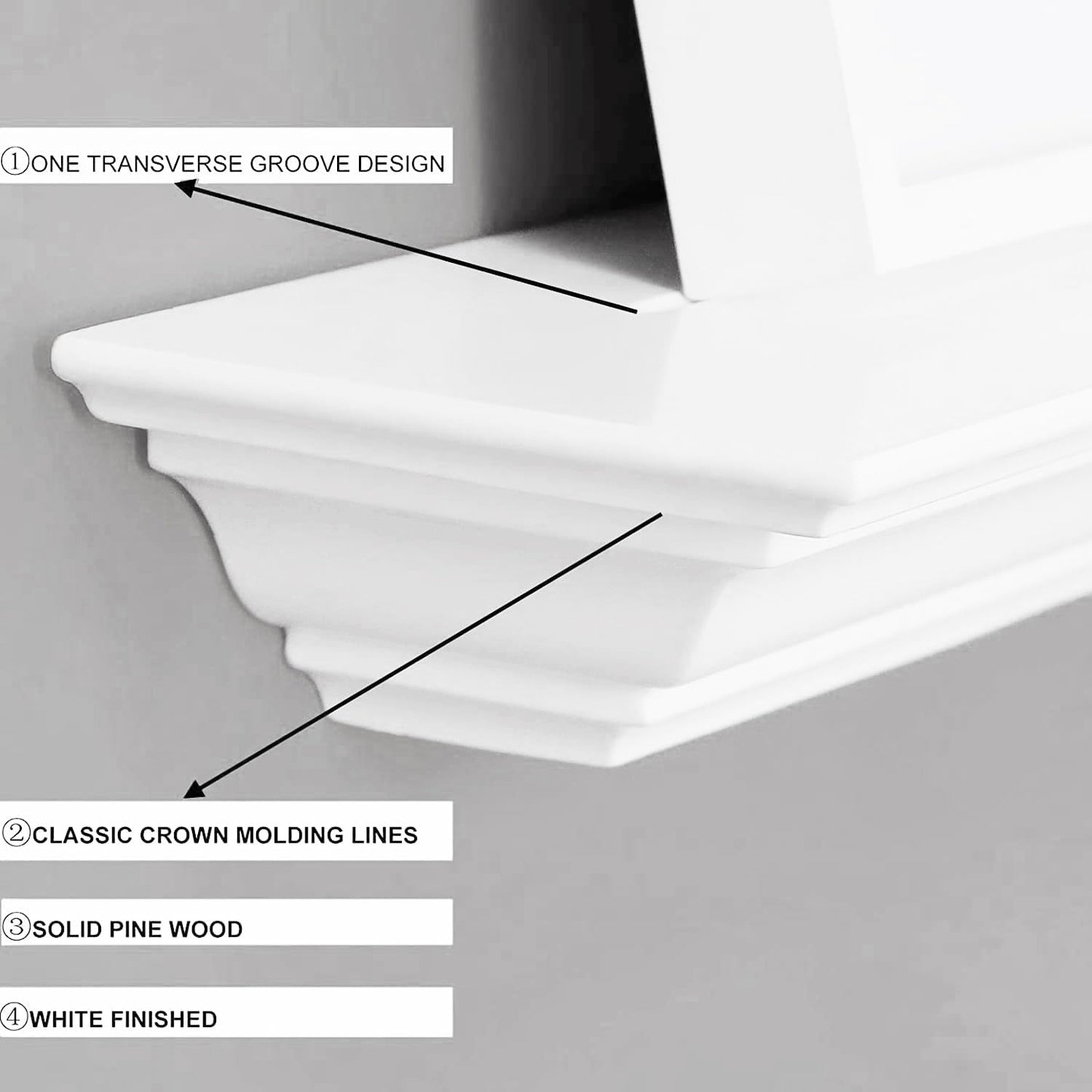 36 Inch Solid Pine Wood Floating Shelves Wall Mounted,Corona Crown Molding Floating Wall Display Shelf,White Finished.