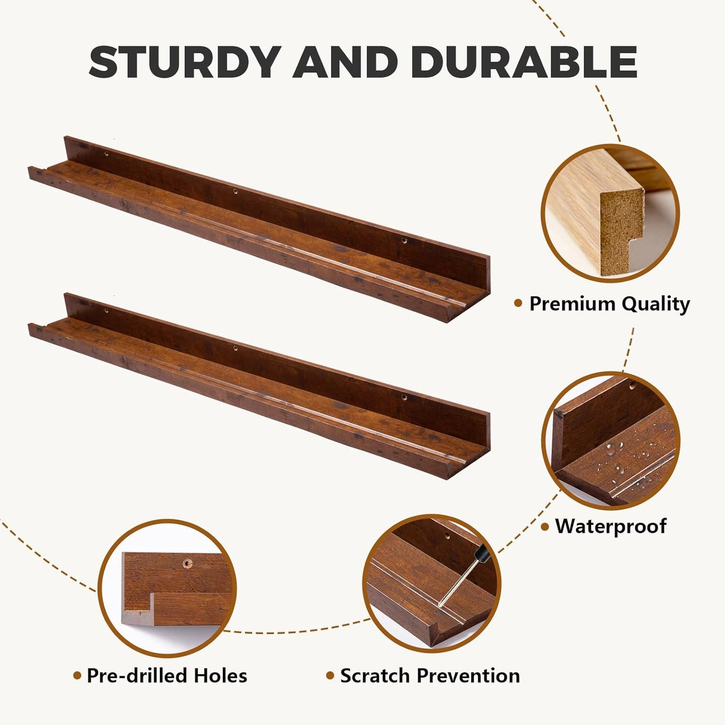35.4" Large Floating Wall Ledge Shelves with Lip - Set of 2 Rustic Wood Floating Shelves - Honey Brown Wall Mounted Picture Ledge for Office, Bathroom, Bedroom, Living Room, Kitchen