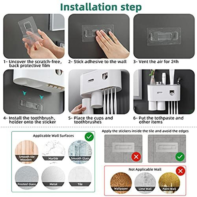 Toothbrush Holder Wall Mounted, Automatic Toothpaste Dispenser 2 Cups Grey