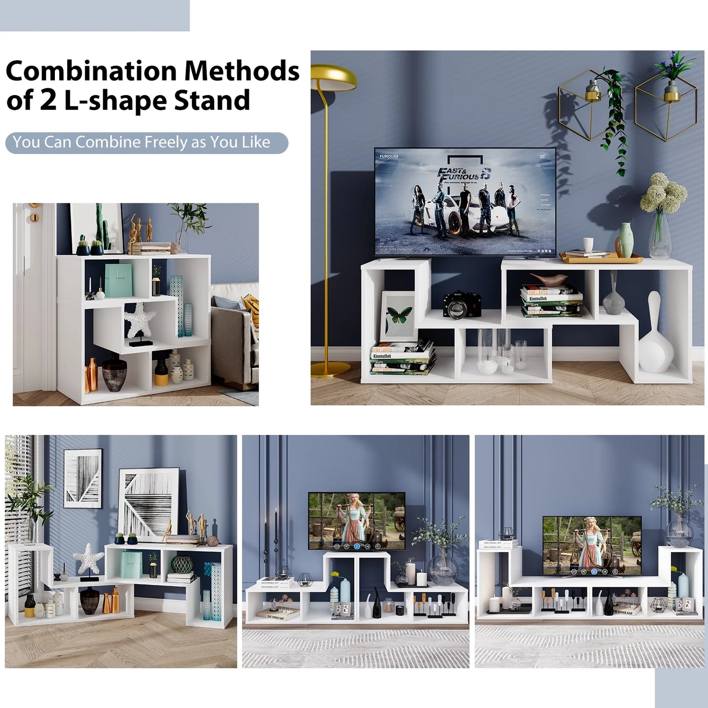 3 Pcs TV Stand for Tv'S up to 65" Console Entertainment Center Bookcase Shelves White