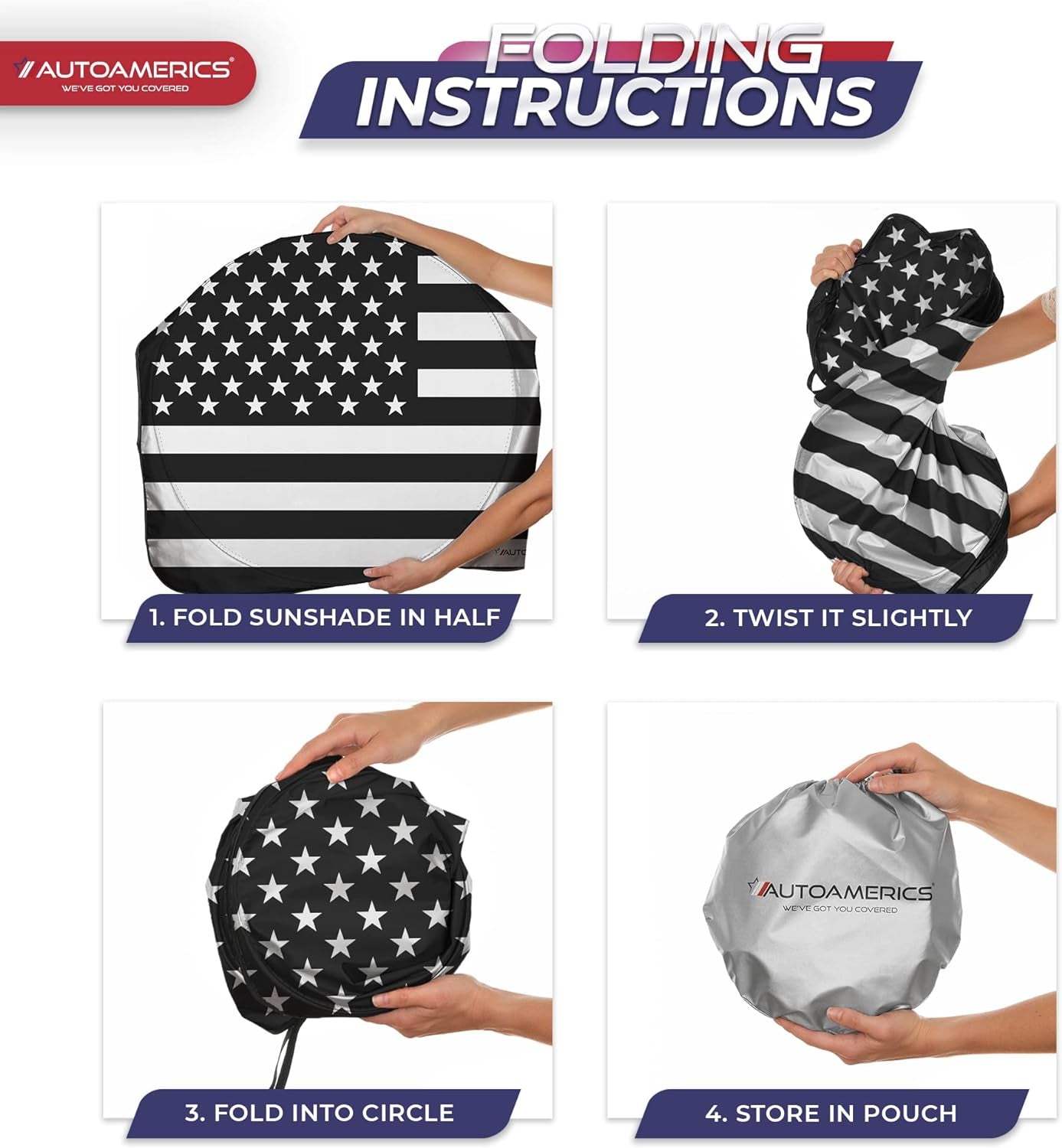 1-Piece Windshield Sun Shade B&W American Flag USA Patriotic Design - Foldable Car Fits Easily to SUV & Truck Vehicles UV Ray Blocker Keeps Your Vehicle Cool Large
