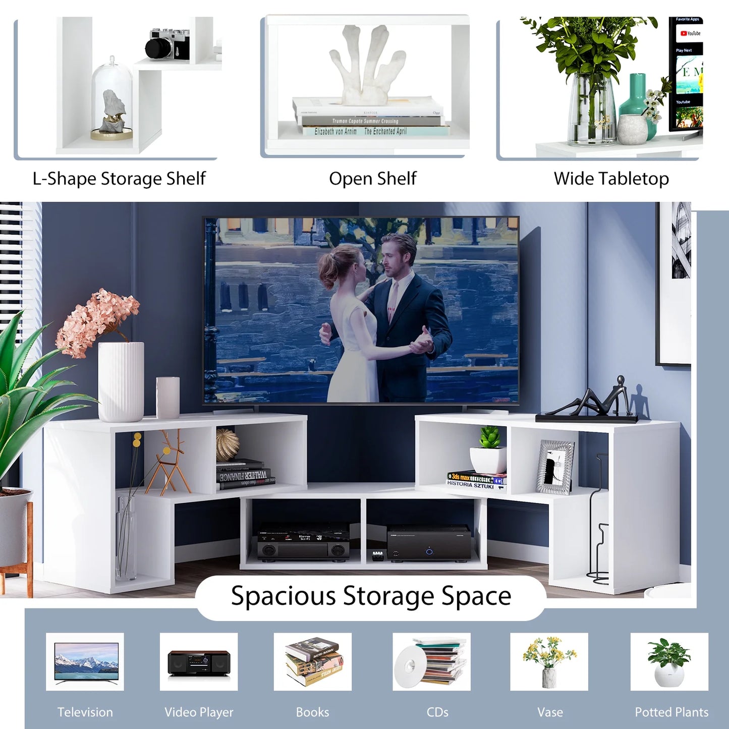 3 Pcs TV Stand for Tv'S up to 65" Console Entertainment Center Bookcase Shelves White