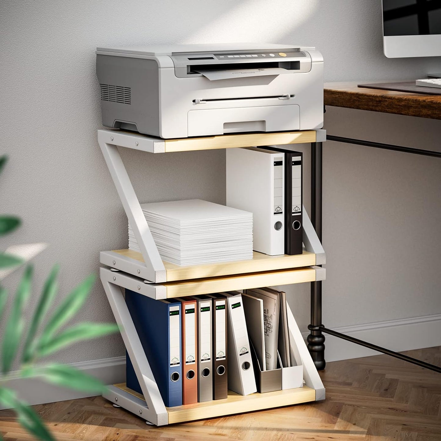 Printer Stand, Desktop Stand for Printer, Printer Stand with Storage, Printer Table Organizer, Printer Shelf W/ 2 Tier Tray & Hardware & Steel