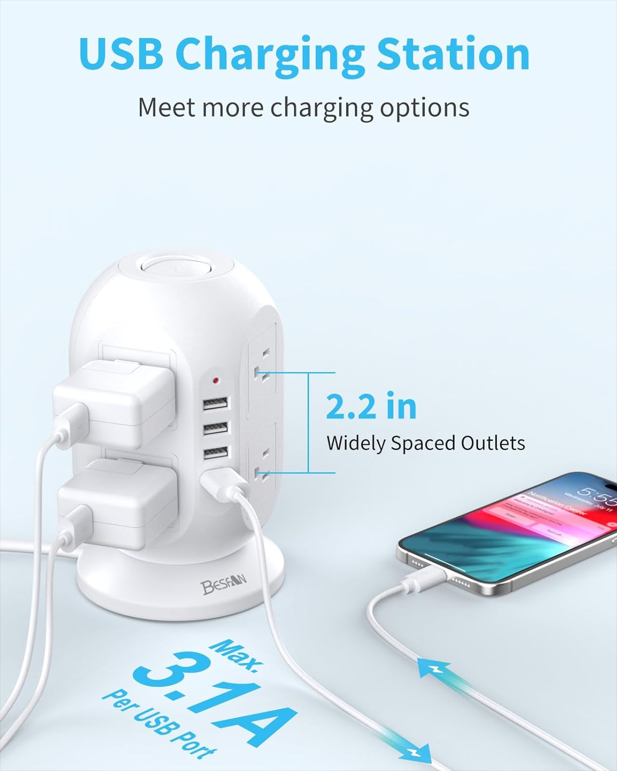 Tower Surge Protector Power Strip, 10 Ft Extension Cord with Multiple Outlets, 1050J Surge Protector, 8 Outlets 4 USB Ports Charging Station for Home Office Supplies Desk Accessories