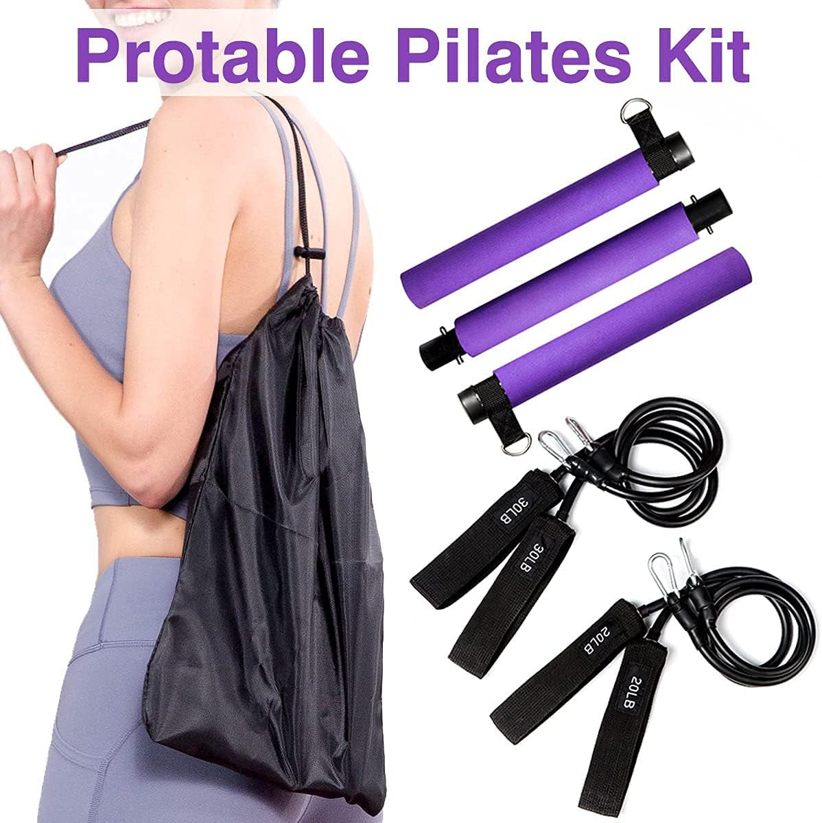 Portable Pilates Exercise Bar Kit with Adjustable 20 and 30 Pound Resistance Bands & Travel Bag for Use at Home, Gym, Office, or Travel, Purple