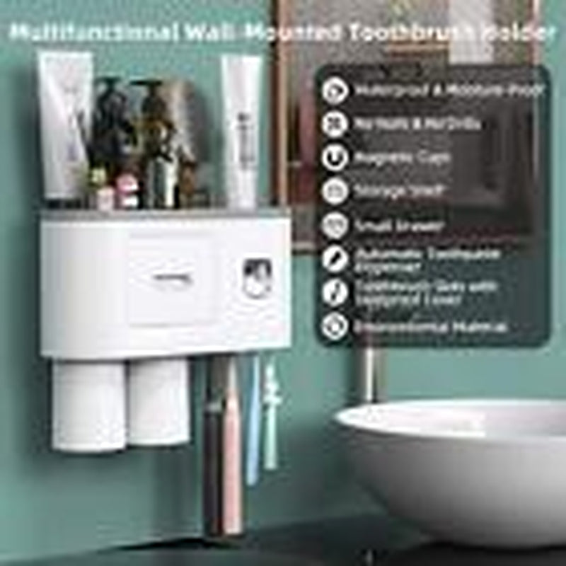 Toothbrush Holder Wall Mounted, Automatic Toothpaste Dispenser 2 Cups Grey