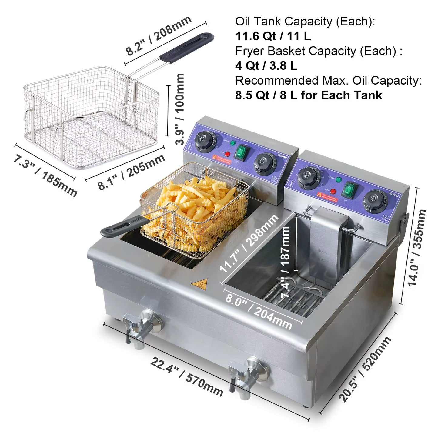 Commercial Electric Deep Fryer W/Dual Tanks 12L Countertop Fryer W/Oil Filter and Timed for Fried Chicken French Frie