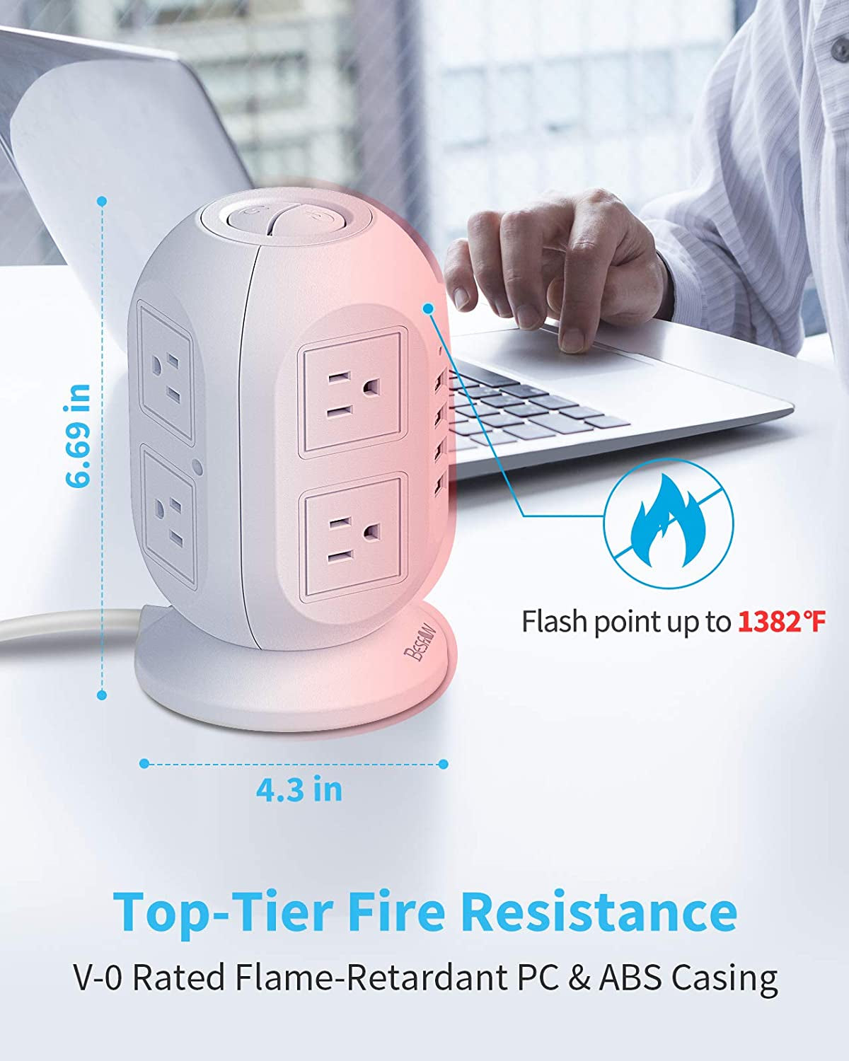 Tower Surge Protector Power Strip, 10 Ft Extension Cord with Multiple Outlets, 1050J Surge Protector, 8 Outlets 4 USB Ports Charging Station for Home Office Supplies Desk Accessories