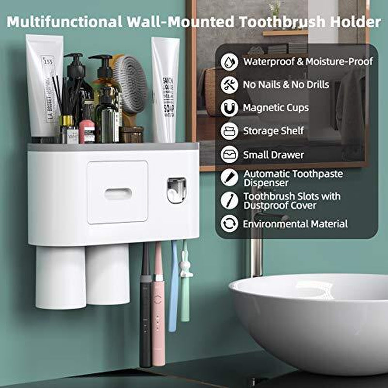 Toothbrush Holder Wall Mounted, Automatic Toothpaste Dispenser 2 Cups Grey