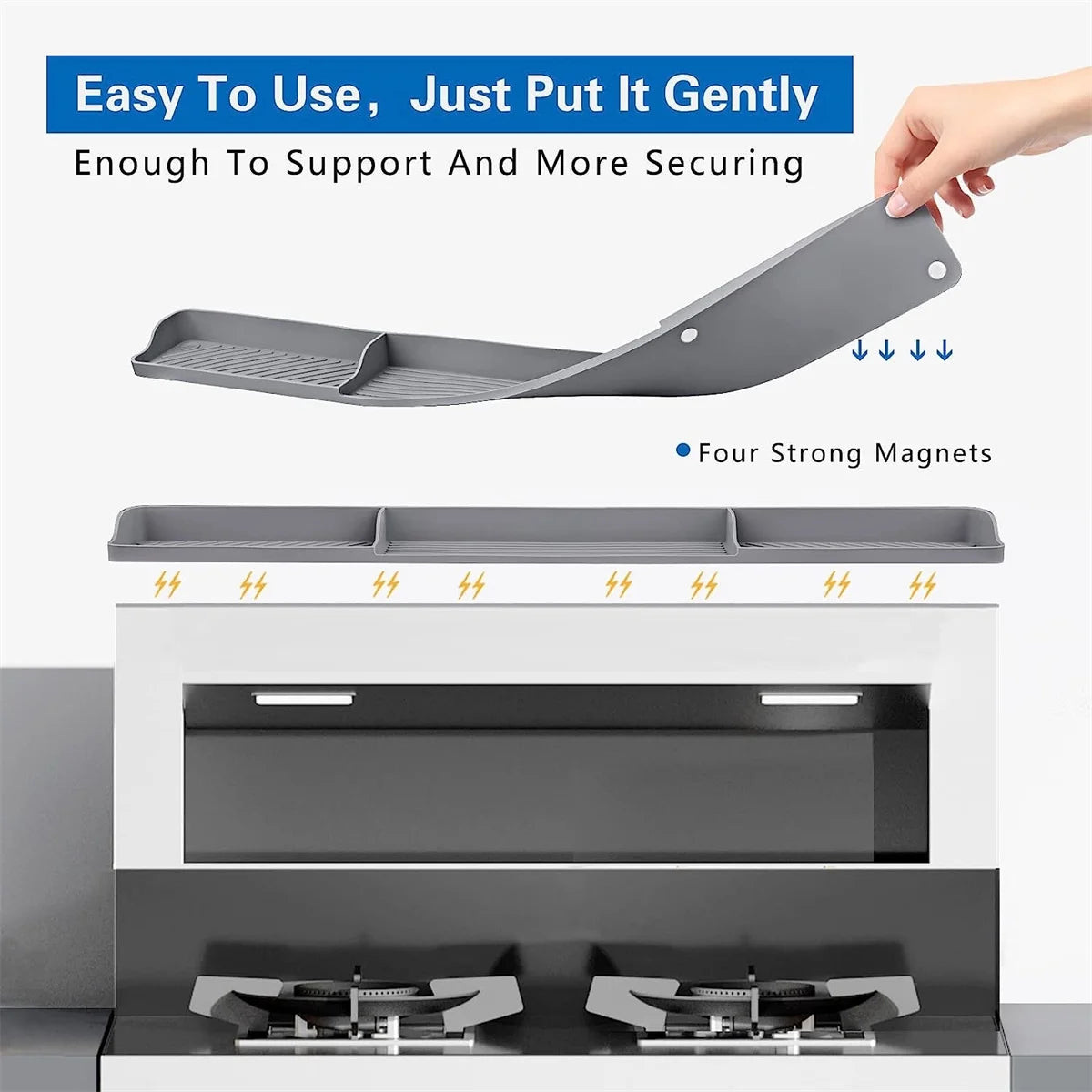 Silicone Magnetic Stove Top Shelf, 30" Length Spice Rack Organizer over the Stove, Heat Insulated Spice Shelf - Zero Installation, Baffles All Around, Non-Slip Kitchen Gadgets (Grey)