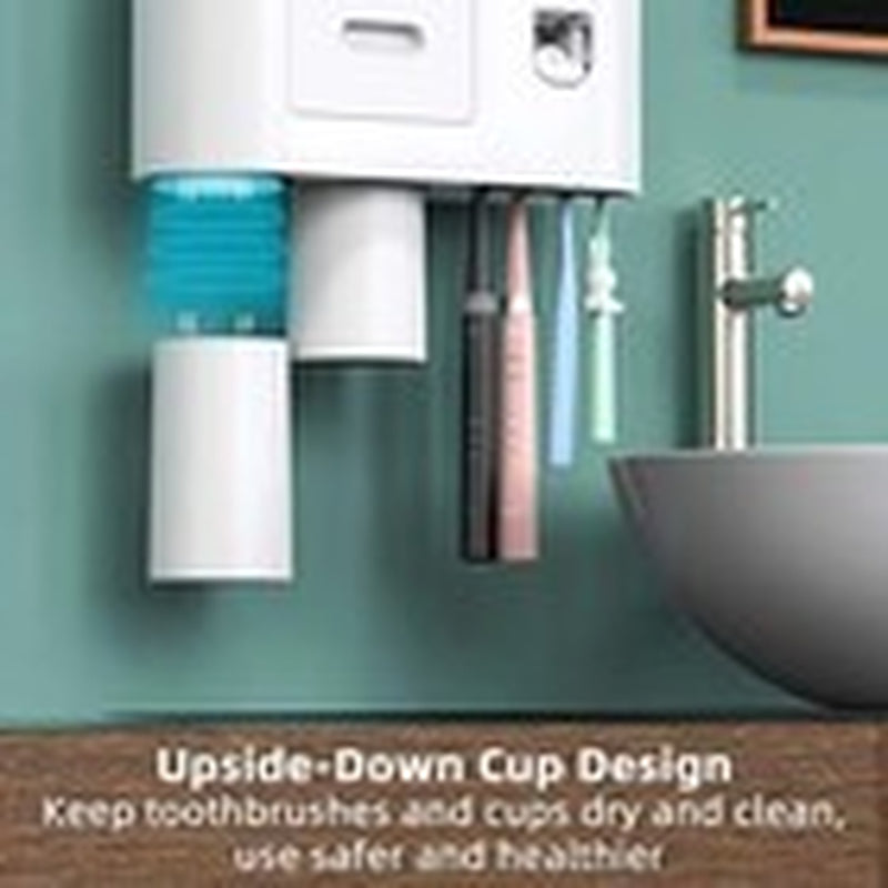 Toothbrush Holder Wall Mounted, Automatic Toothpaste Dispenser 2 Cups Grey