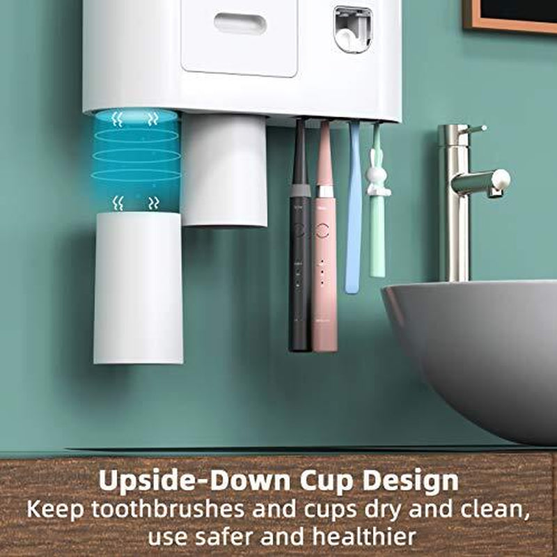 Toothbrush Holder Wall Mounted, Automatic Toothpaste Dispenser 2 Cups Grey